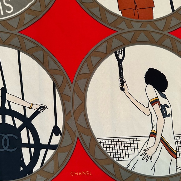 CHANEL Red, Cream & Gold Graphic Panel Silk Tapestry